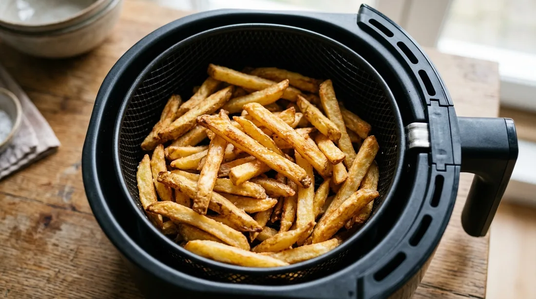 Goldbraune Pommes frites im Garkorb einer Heißluftfritteuse